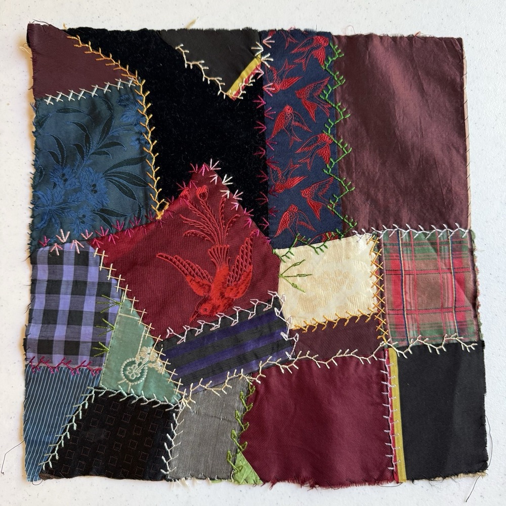 Antique Victorian Crazy Quilt Block Silk Velvet Embroidery Red Swallow 12x12